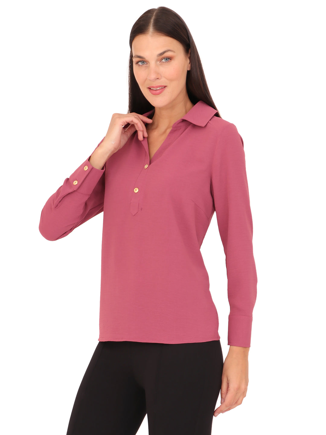 Blusa Cuello Camisero,  Manga Larga, Lisa