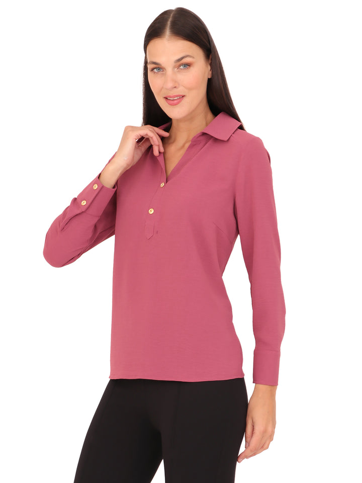 Blusa Cuello Camisero,  Manga Larga, Lisa
