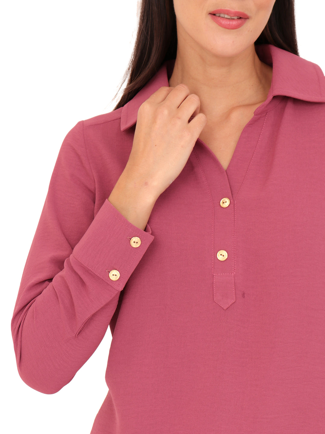 Blusa Cuello Camisero,  Manga Larga, Lisa