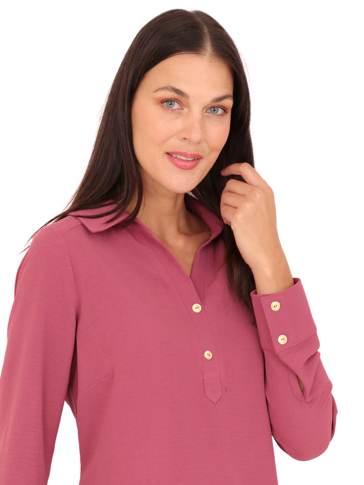 Blusa Cuello Camisero,  Manga Larga, Lisa