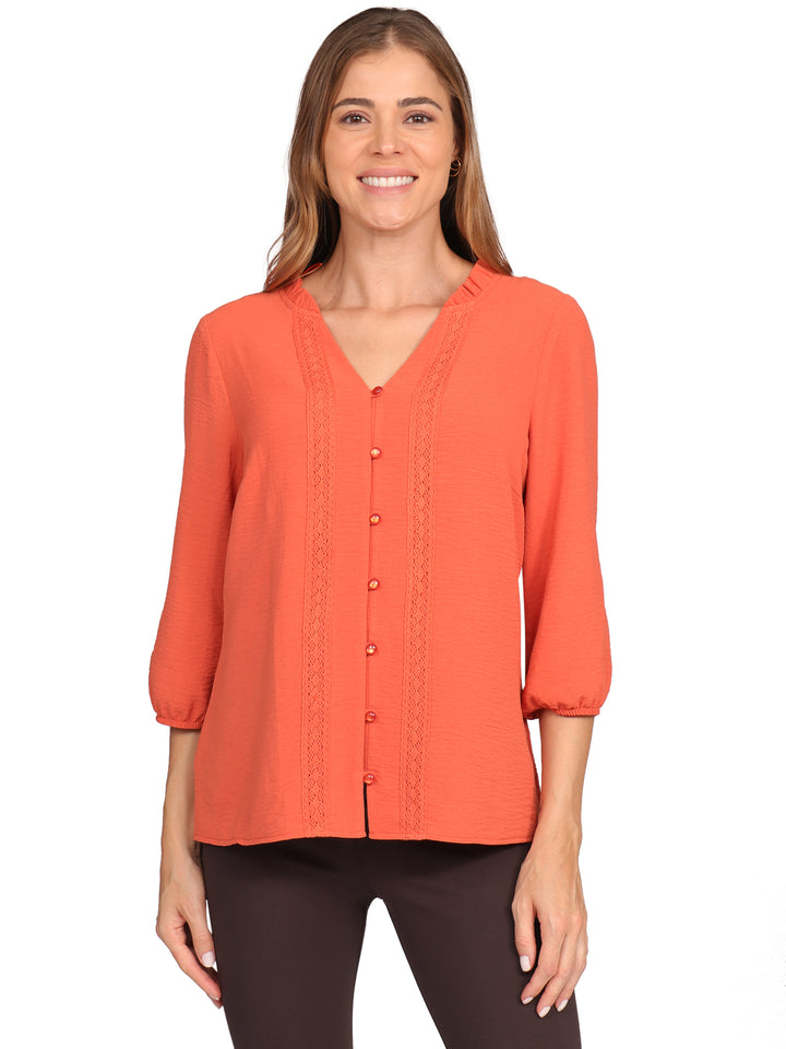 Blusa Cuello V, Con Botones Al Frente, Manga 3/4