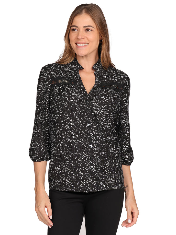 Blusa Cuello V, Manga Larga, Lunares, Botones