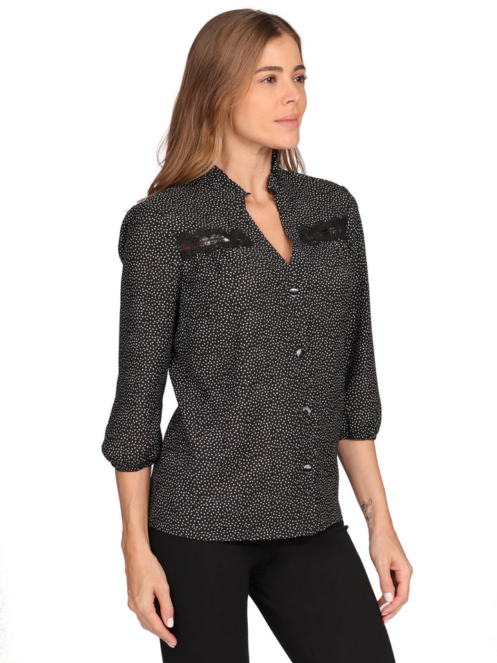 Blusa Cuello V, Manga Larga, Lunares, Botones