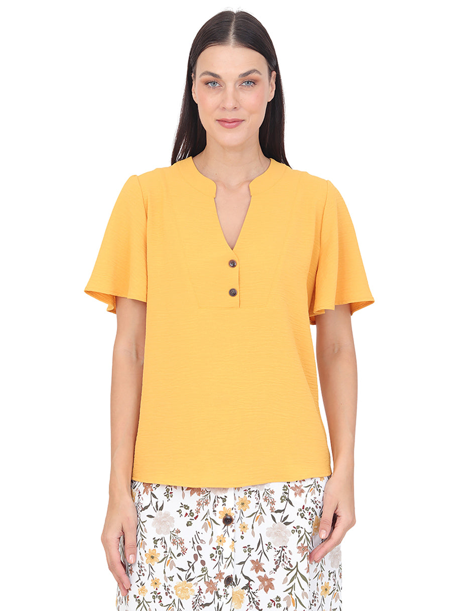 Blusa Cuello V, Manga Olan, Boton al Frente