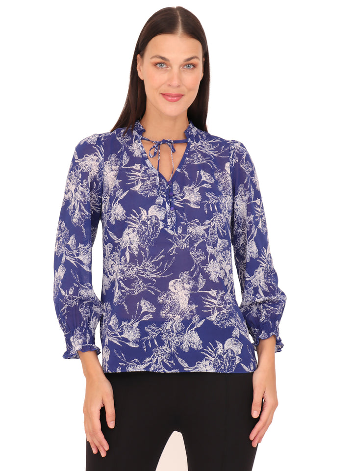 Blusa Cuello Redondo con Amarre,  Manga Larga, Estampada