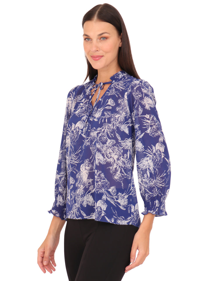 Blusa Cuello Redondo con Amarre,  Manga Larga, Estampada