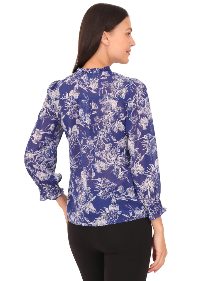 Blusa Cuello Redondo con Amarre,  Manga Larga, Estampada