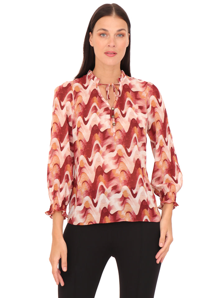Blusa Cuello Redondo con Amarre,  Manga Larga, Estampada