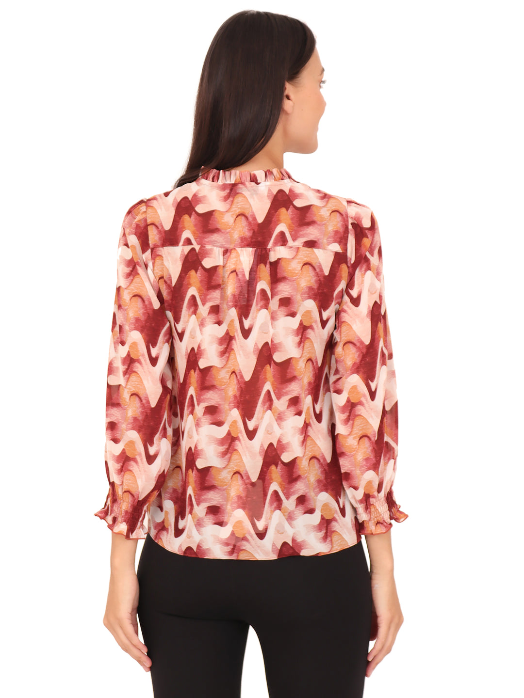 Blusa Cuello Redondo con Amarre,  Manga Larga, Estampada