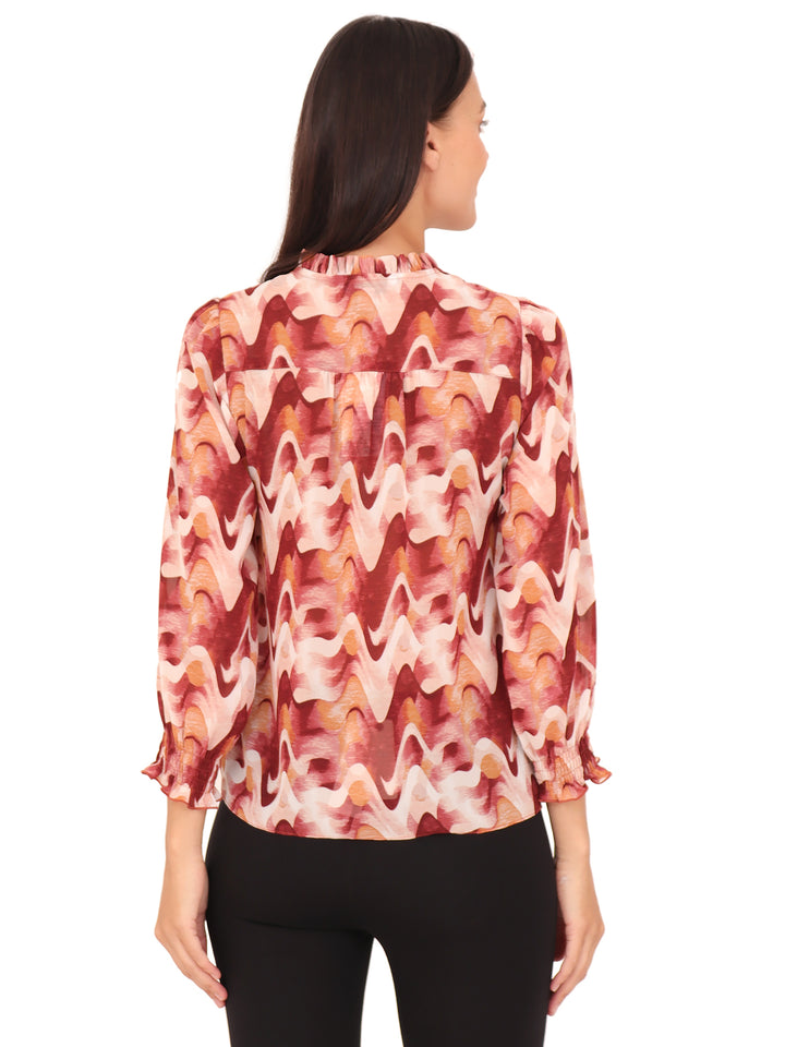 Blusa Cuello Redondo con Amarre,  Manga Larga, Estampada