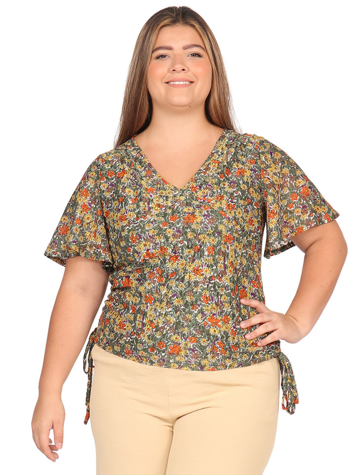 Blusa Curvy Carilo, Cuello V,  Manga Olán,  Estampada
