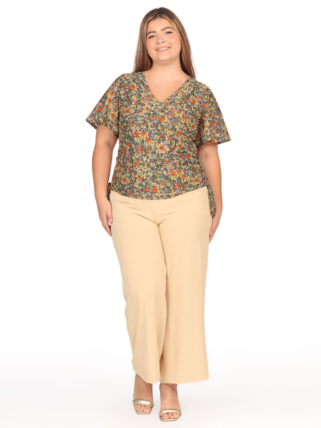 Blusa Curvy Carilo, Cuello V,  Manga Olán,  Estampada