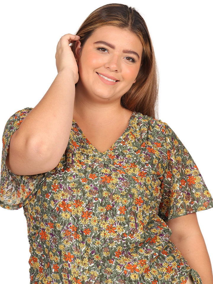 Blusa Curvy Carilo, Cuello V,  Manga Olán,  Estampada
