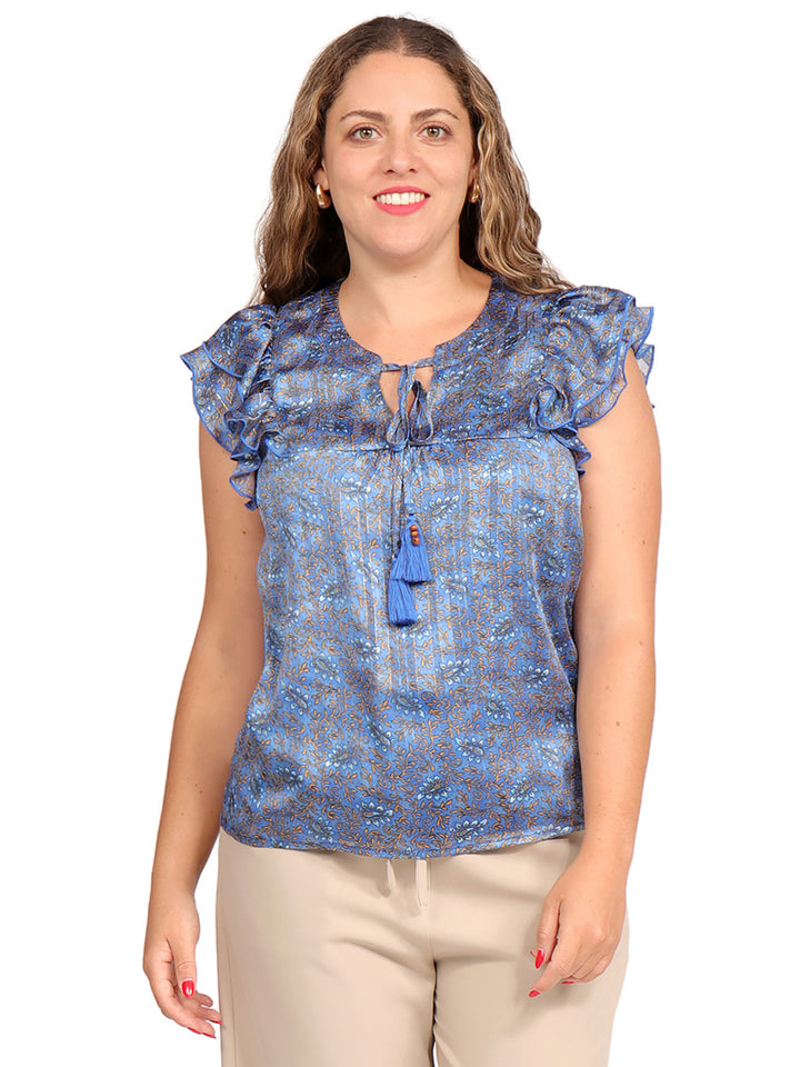 Blusa cuello Redondo, Manga Olán, con Amarre, Estampada