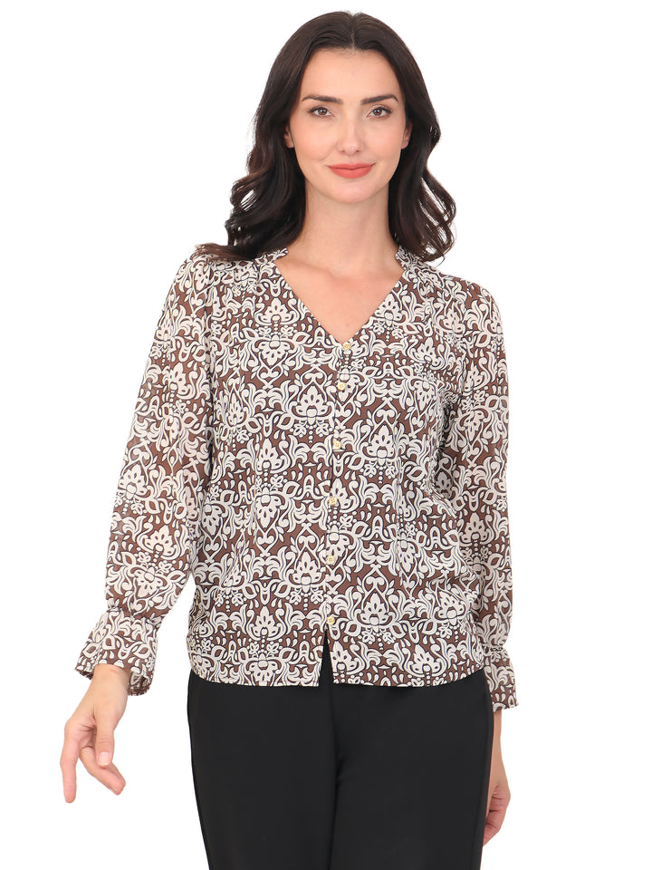 Blusa cuello V, Manga 3/4, con Resorte, Botones al frente, Estampada