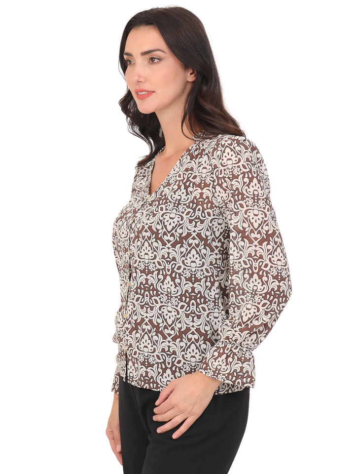 Blusa cuello V, Manga 3/4, con Resorte, Botones al frente, Estampada