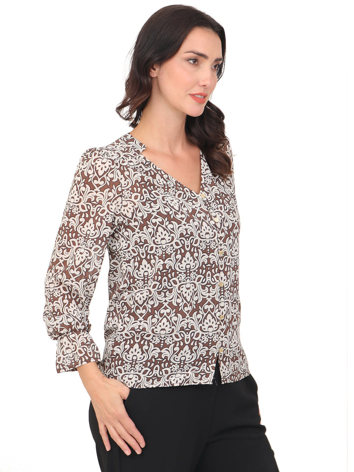 Blusa cuello V, Manga 3/4, con Resorte, Botones al frente, Estampada