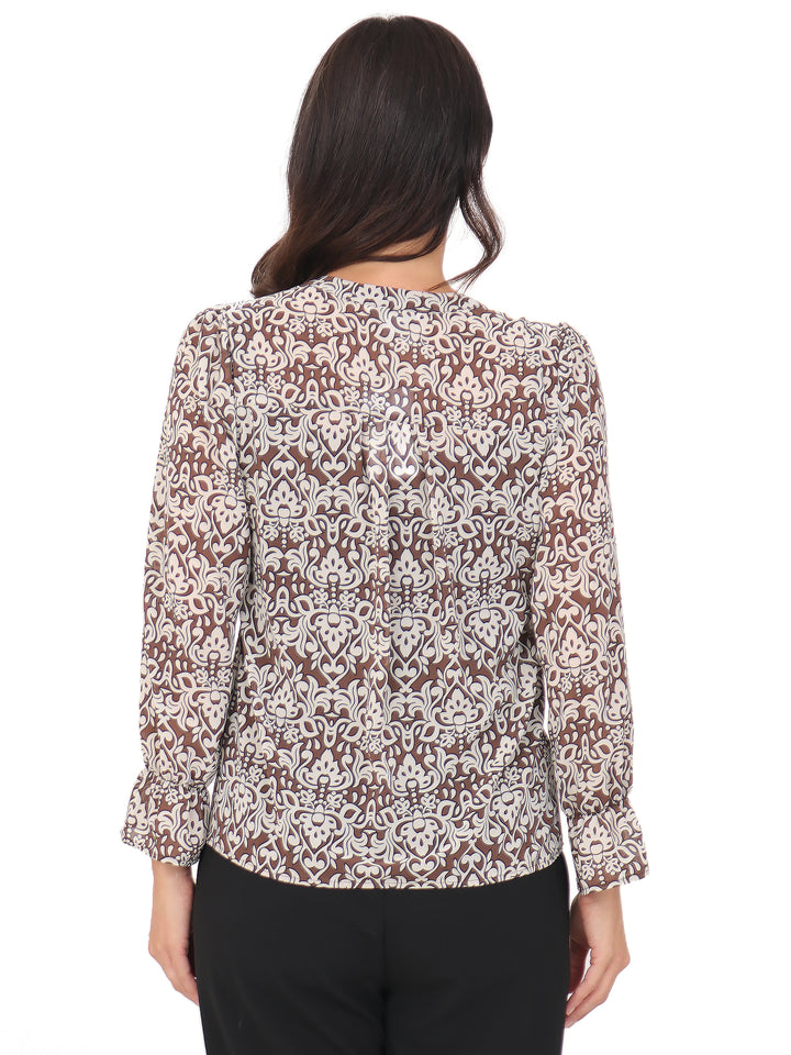 Blusa cuello V, Manga 3/4, con Resorte, Botones al frente, Estampada