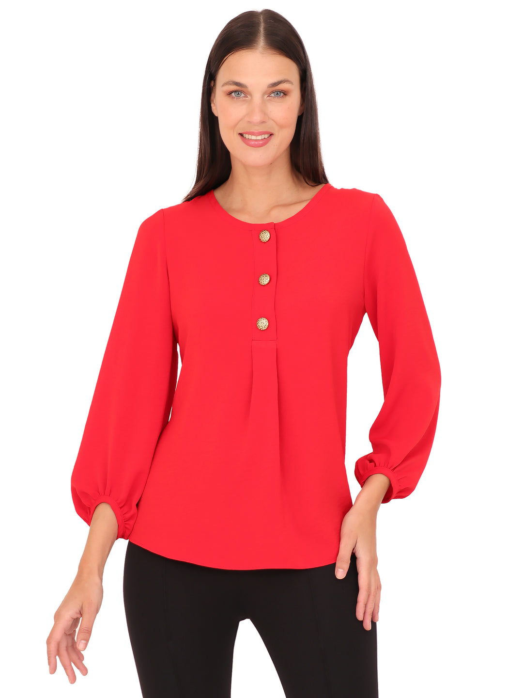 Blusa Cuello Redondo,  Manga 3/4 Con Resorte, Lisa
