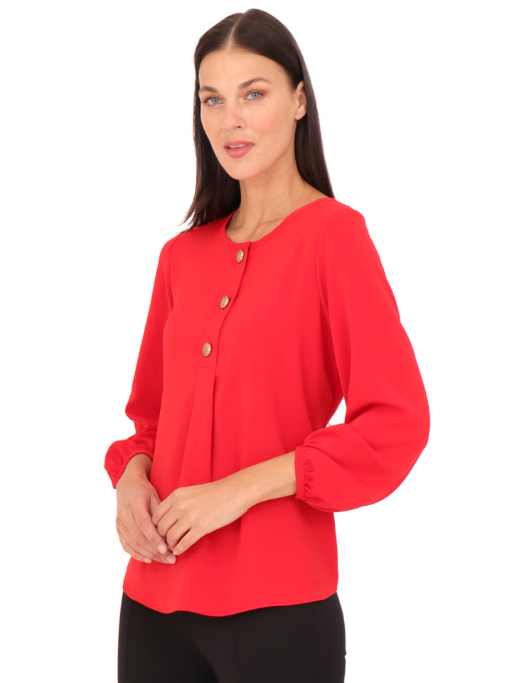 Blusa Cuello Redondo,  Manga 3/4 Con Resorte, Lisa