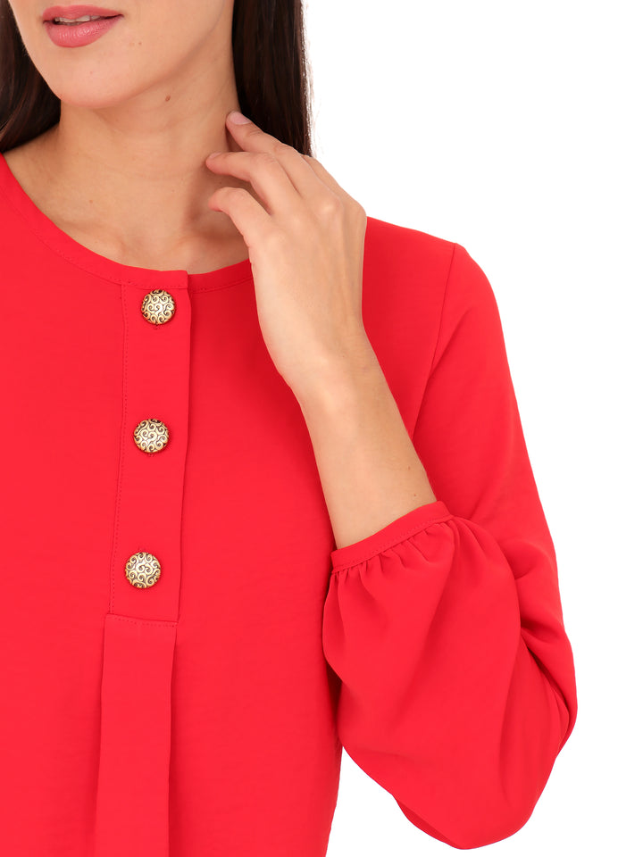 Blusa Cuello Redondo,  Manga 3/4 Con Resorte, Lisa