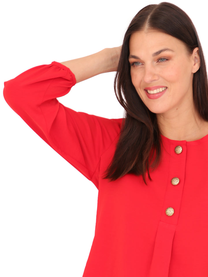 Blusa Cuello Redondo,  Manga 3/4 Con Resorte, Lisa