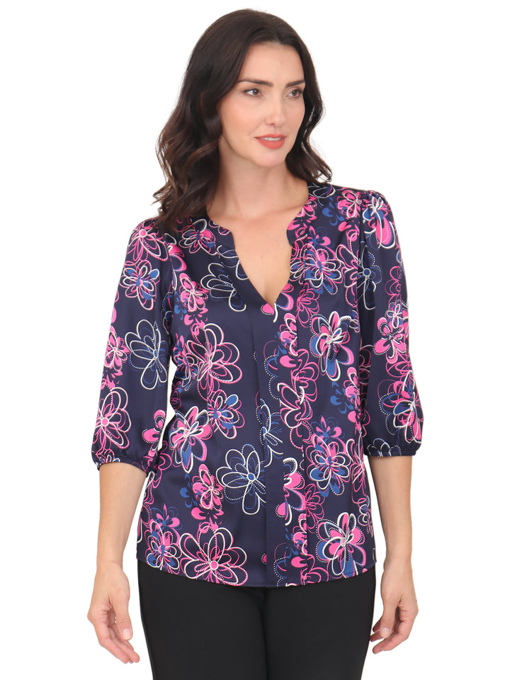 Blusa cuello V, Manga 3/4, Estampada