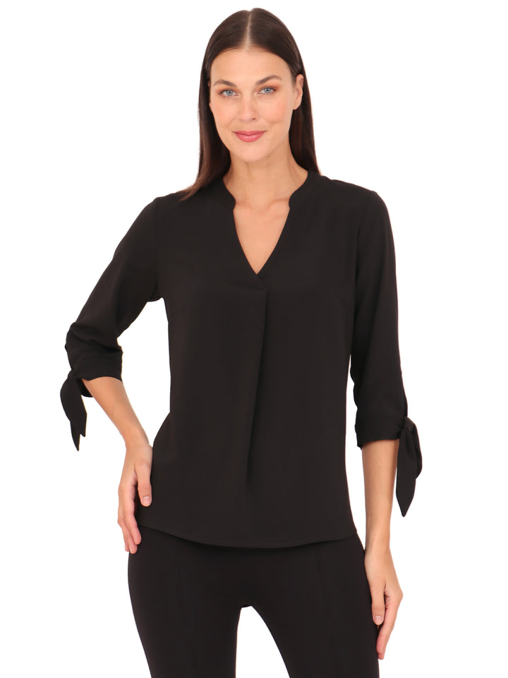 Blusa Cuello V,  Manga 3/4 Con Amarre, Lisa, Negra