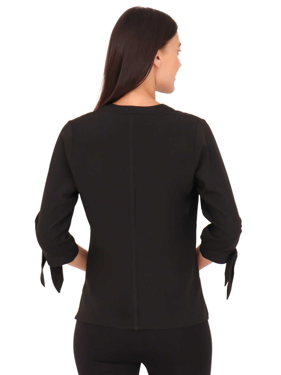 Blusa Cuello V,  Manga 3/4 Con Amarre, Lisa, Negra