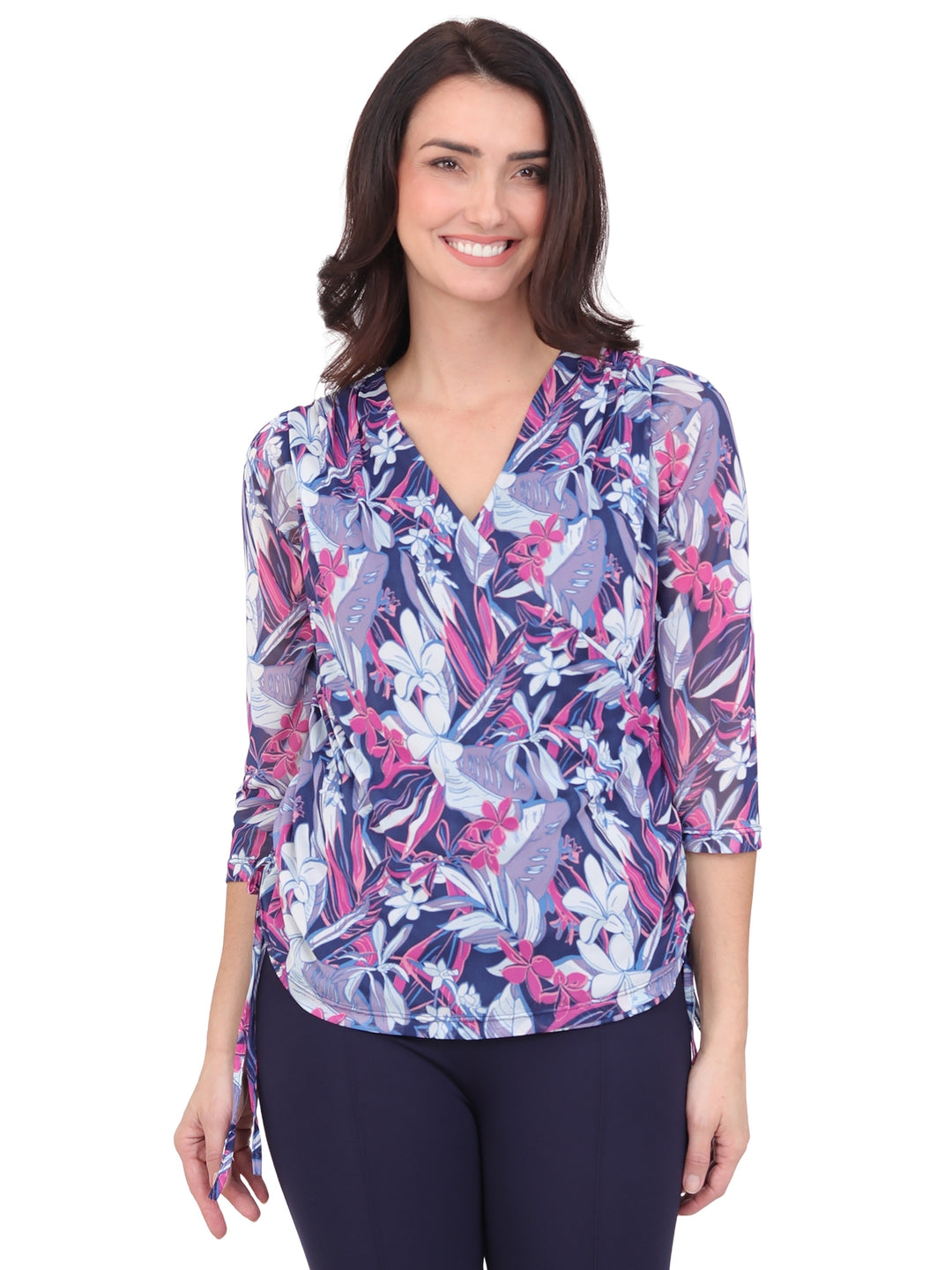 Blusa Cuello V , Manga 3/4 Estampada, Amarre en los costados