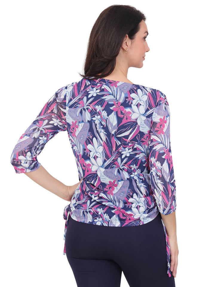 Blusa Cuello V , Manga 3/4 Estampada, Amarre en los costados