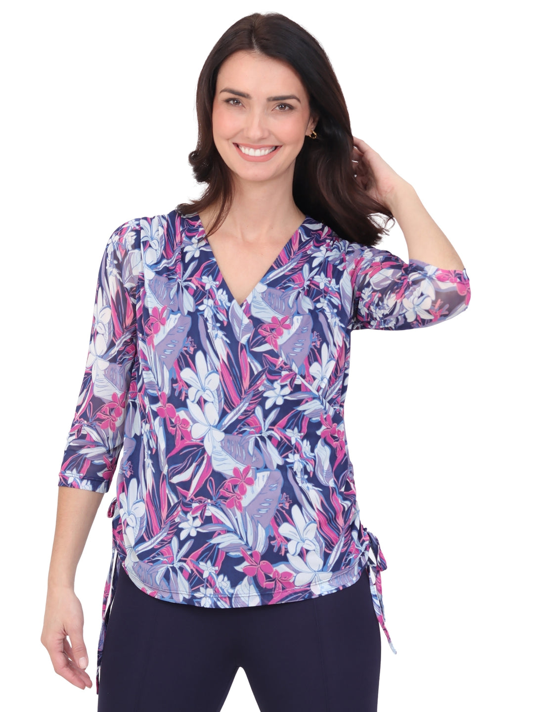 Blusa Cuello V , Manga 3/4 Estampada, Amarre en los costados