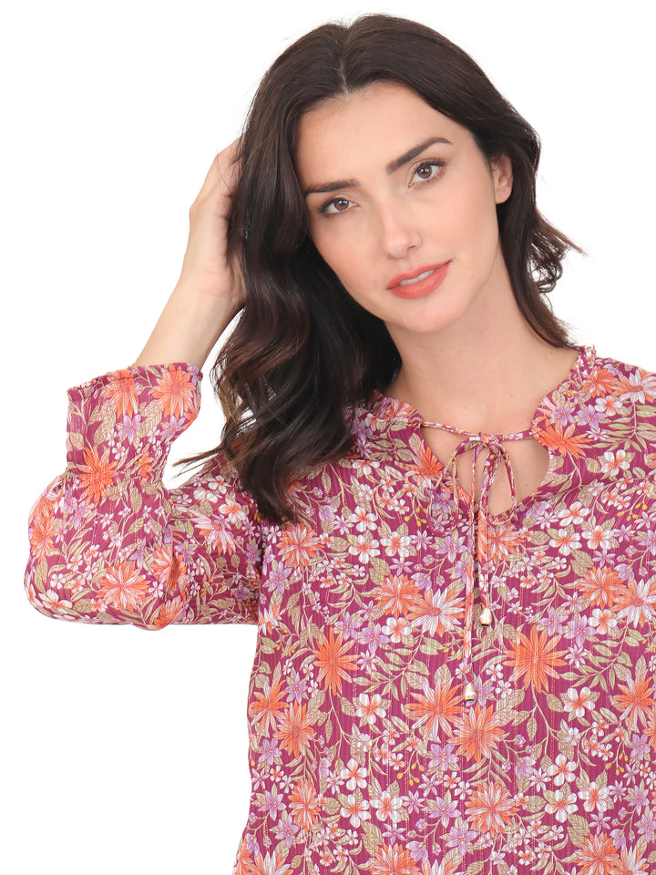 Blusa cuello Redondo, Manga 3/4, con Resorte, Estampada