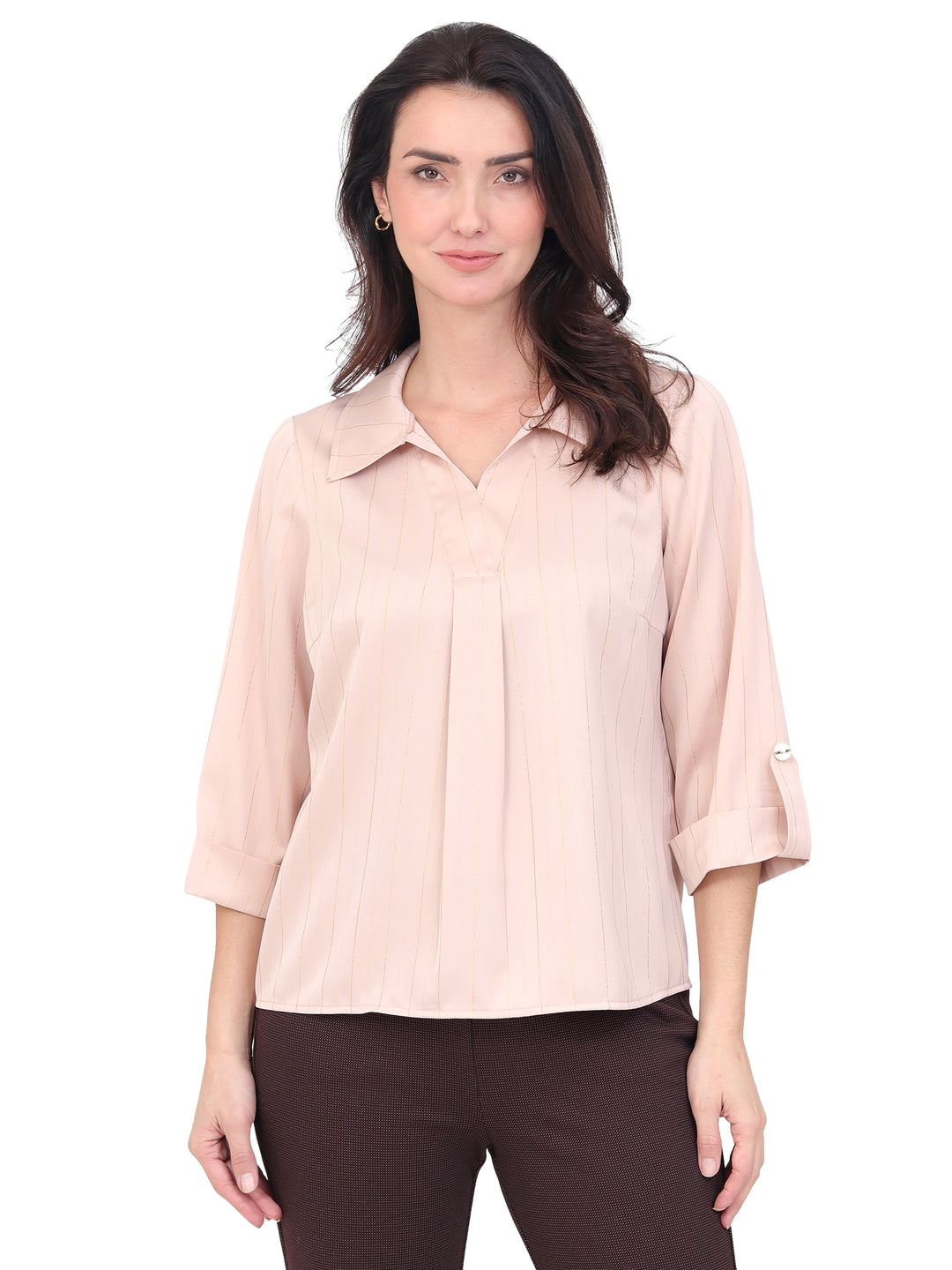 Blusa Cuello Camisero , Manga 3/4, Lisa