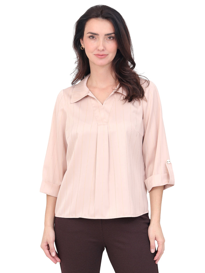 Blusa Cuello Camisero , Manga 3/4, Lisa