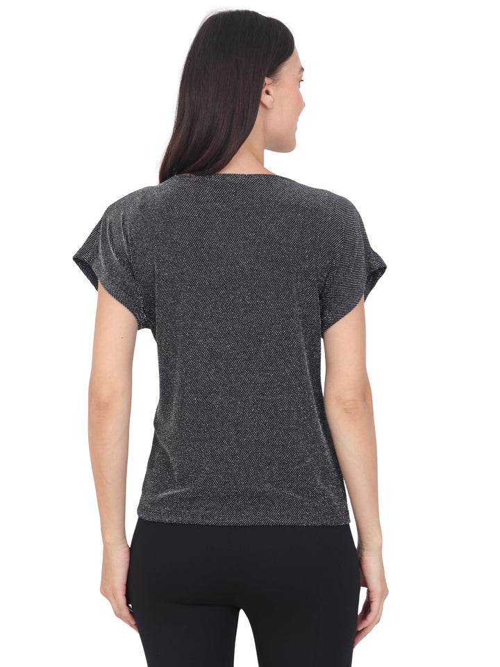 Blusa Cuello Redondo, Manga Corta, Brillos