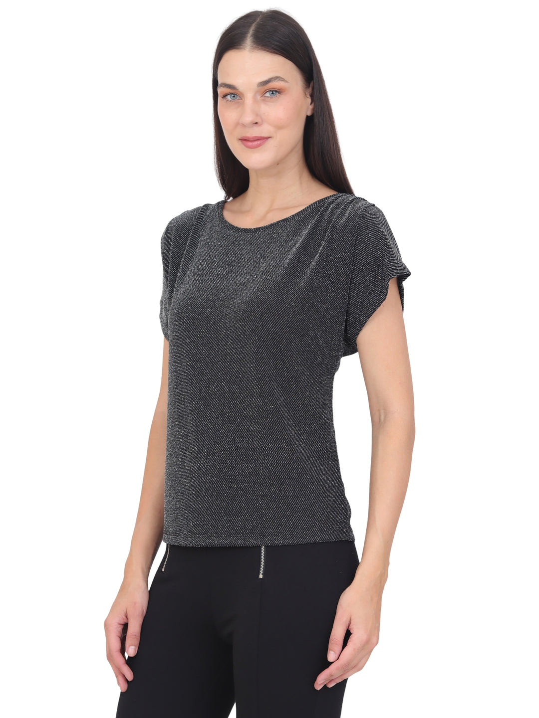 Blusa Cuello Redondo, Manga Corta, Brillos