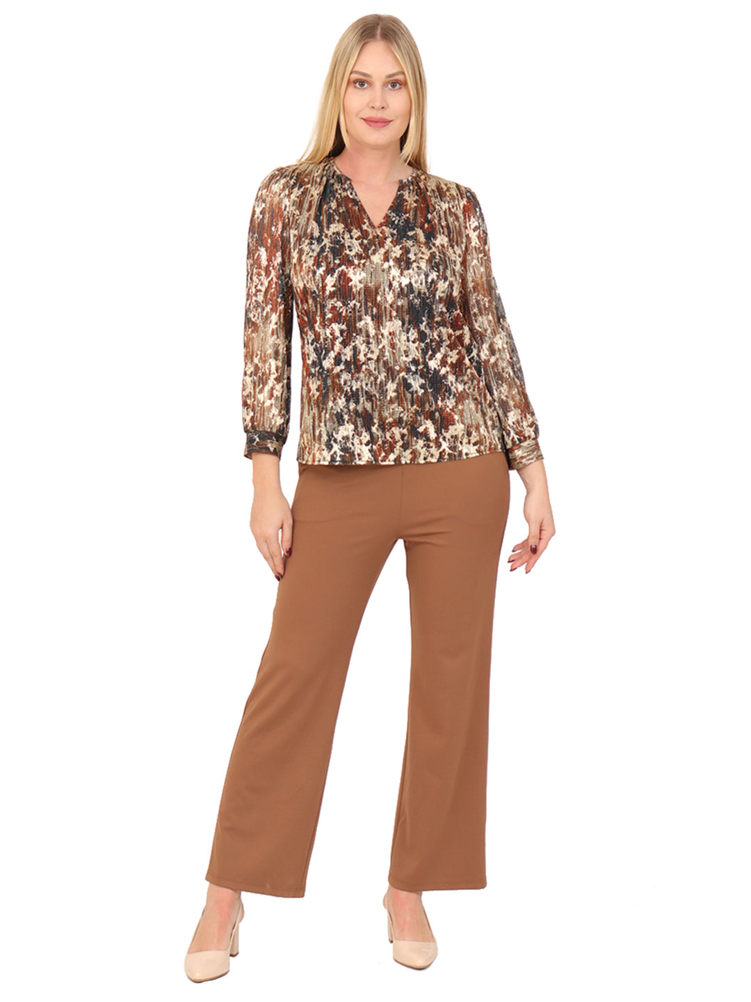 Blusa Cuello V, Manga Larga, Estampada