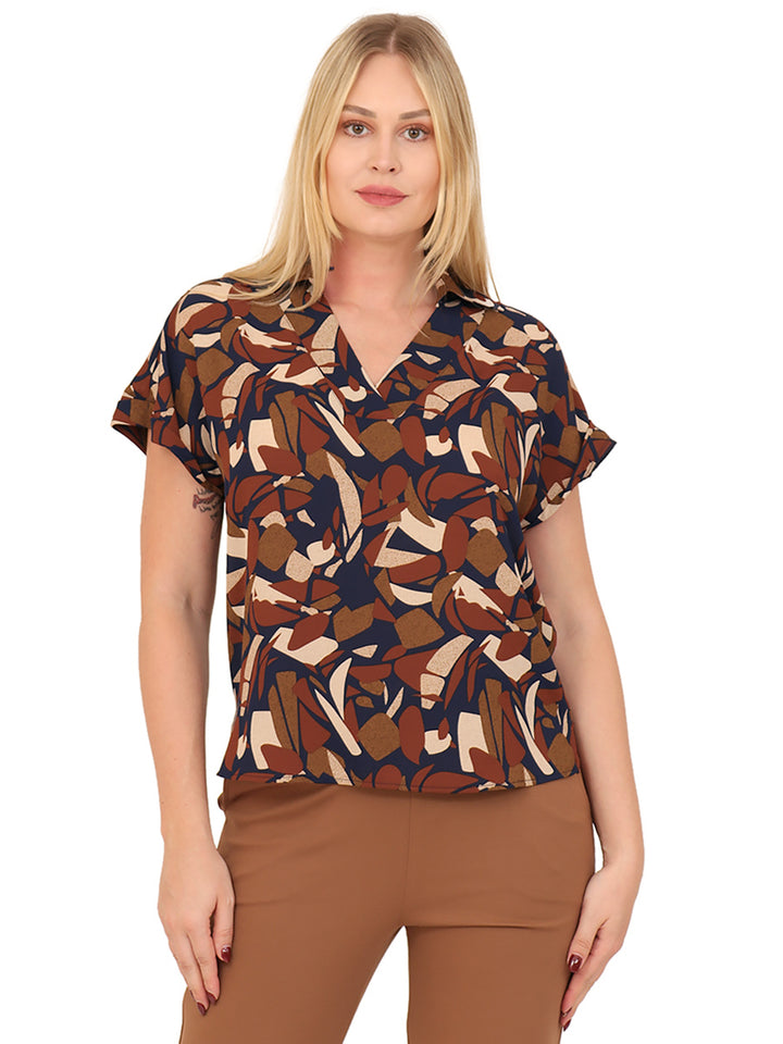 Blusa Cuello V, Manga Corta, Estampada