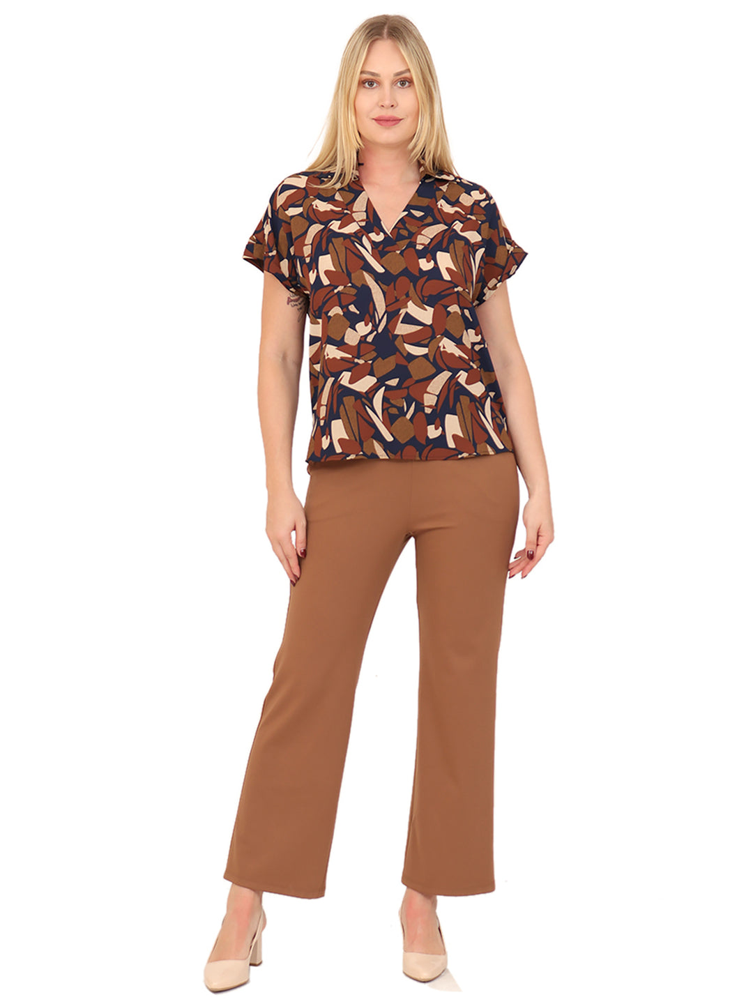 Blusa Cuello V, Manga Corta, Estampada