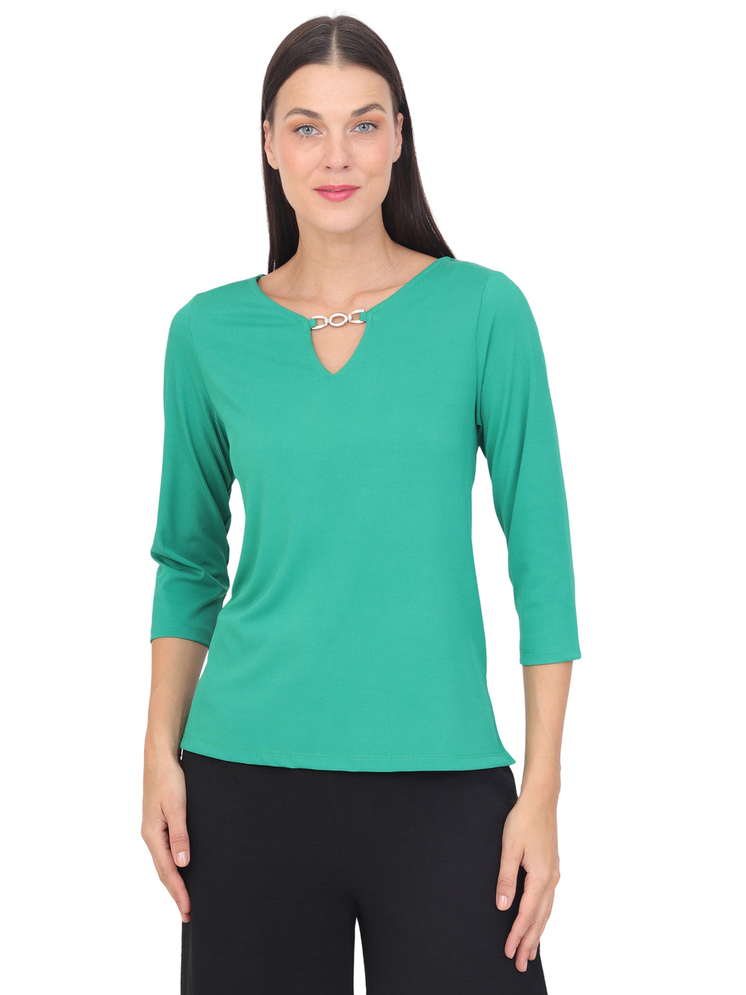 Blusa Cuello Redondo Con Aplicación, Manga 3/4