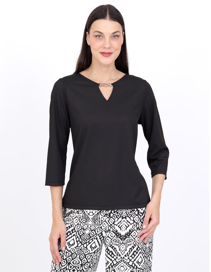 Blusa Cuello Redondo Con Aplicación, Manga 3/4
