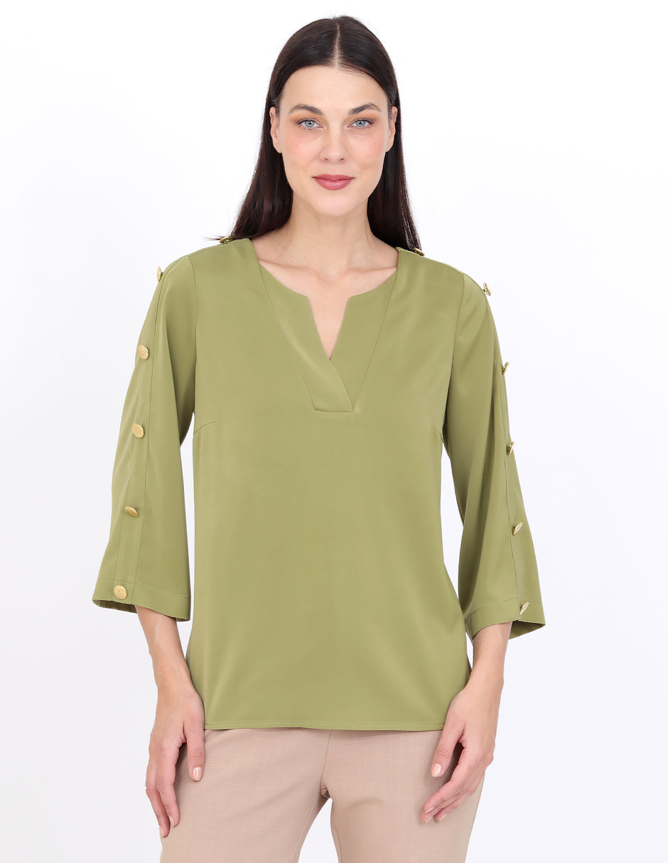 Blusa Cuello V, Manga 3/4 con Botones
