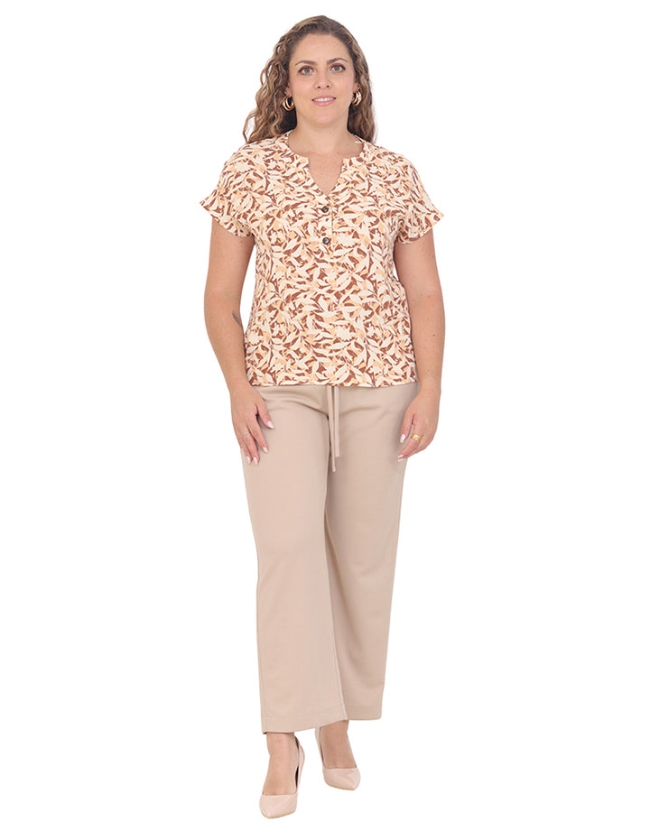 Blusa Cuello V, Manga Corta,Botones al Frente, Estampada