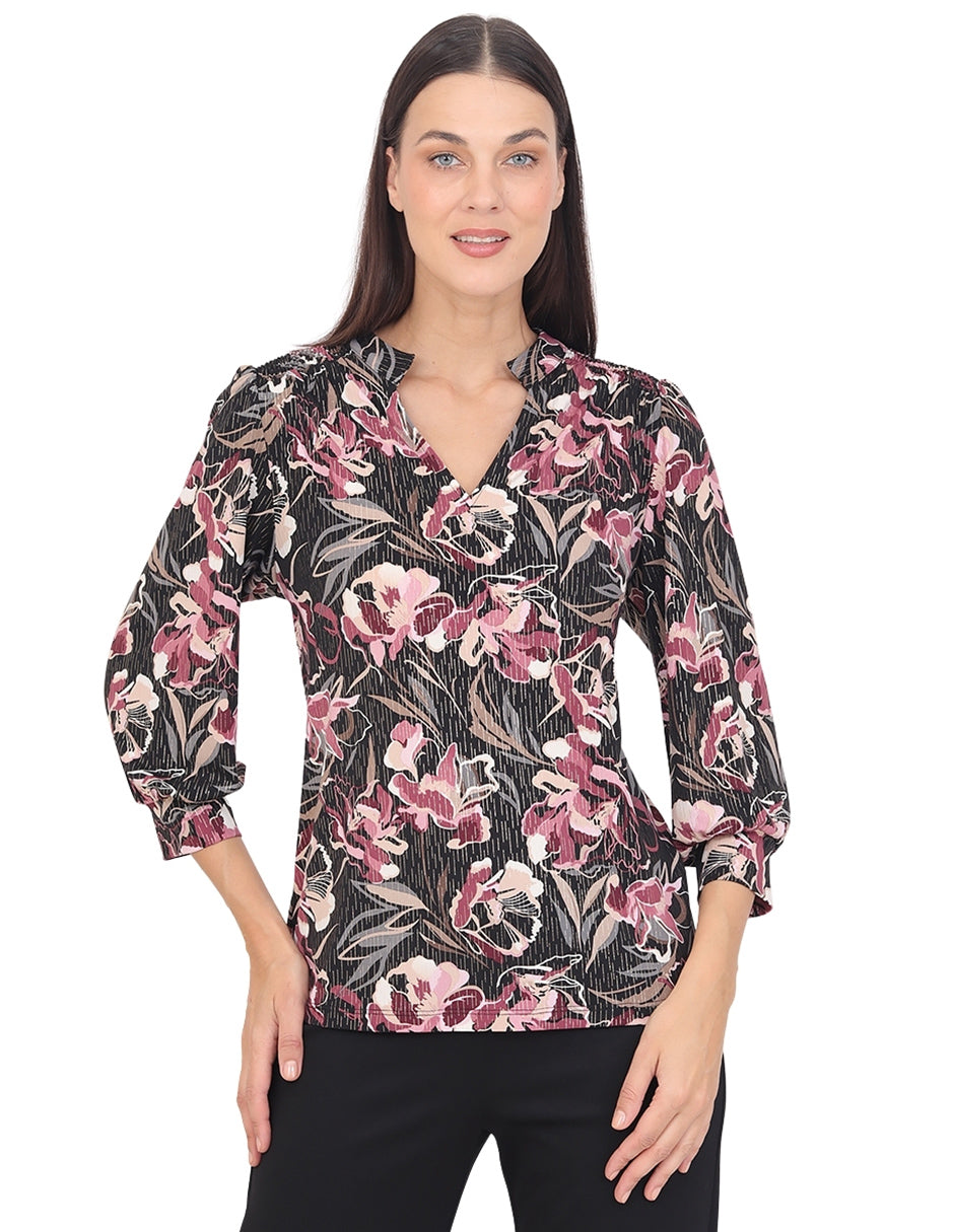 Blusa Cuello V, Manga  3/4, Estampada