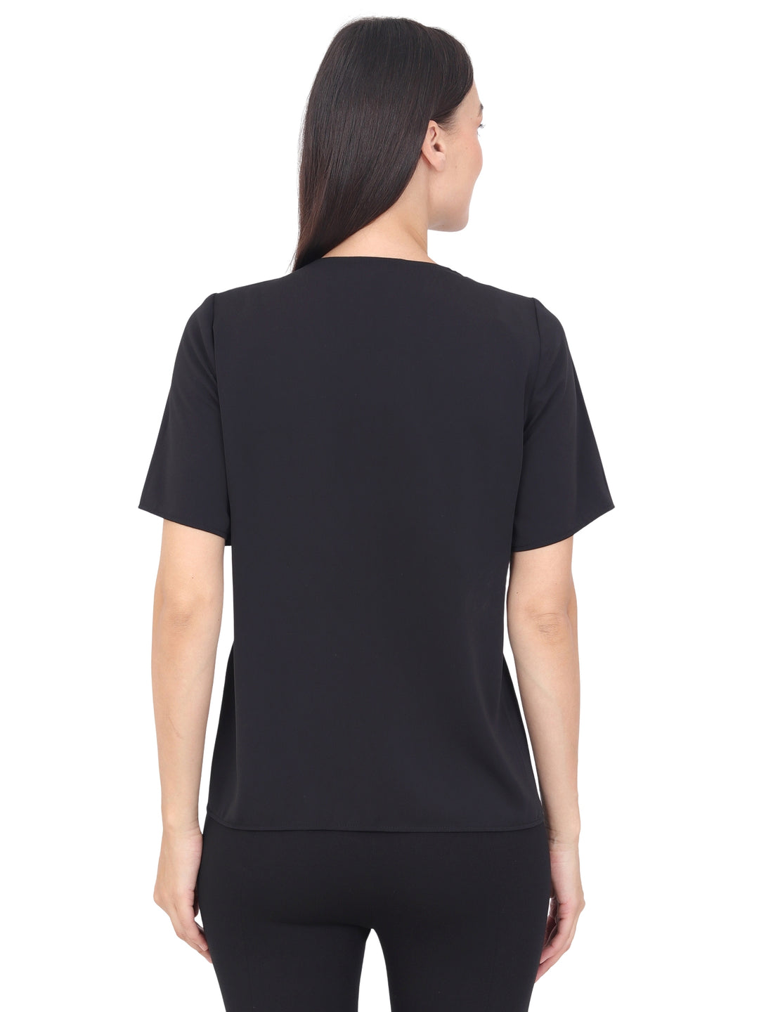 Blusa Cuello V con Encaje, Manga Corta, Lisa