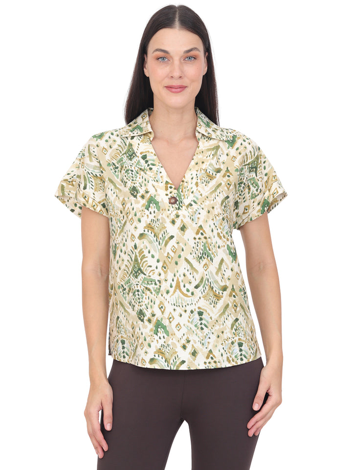 Blusa Cuello V, Manga Corta, Estampada