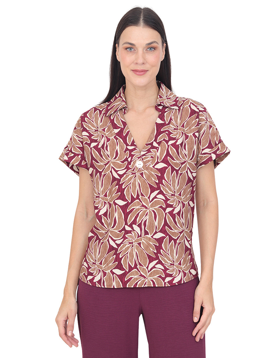 Blusa Cuello V, Manga Corta, Estampada