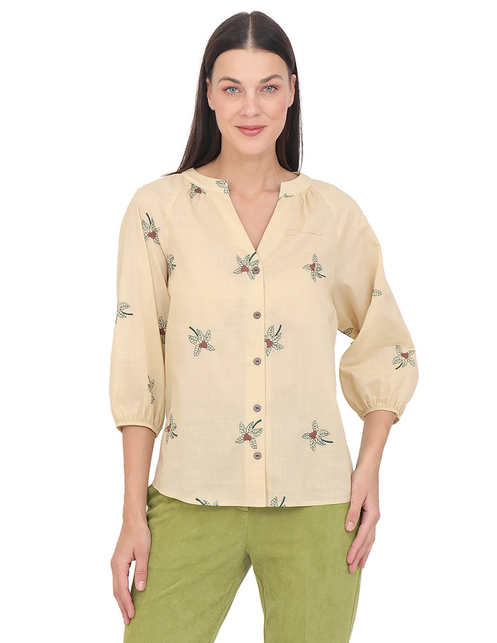Blusa Cuello V, Manga  4/3 Algodón Bordado