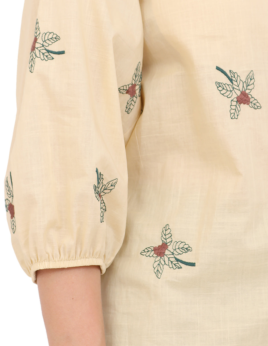 Blusa Cuello V, Manga  4/3 Algodón Bordado